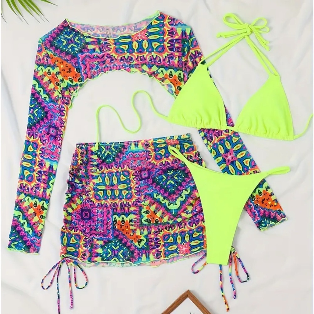 4pc Yellow Triangle Halter High Cut Bikini Set with Shrug & Drawstring Skirt - Picture 2 of 12